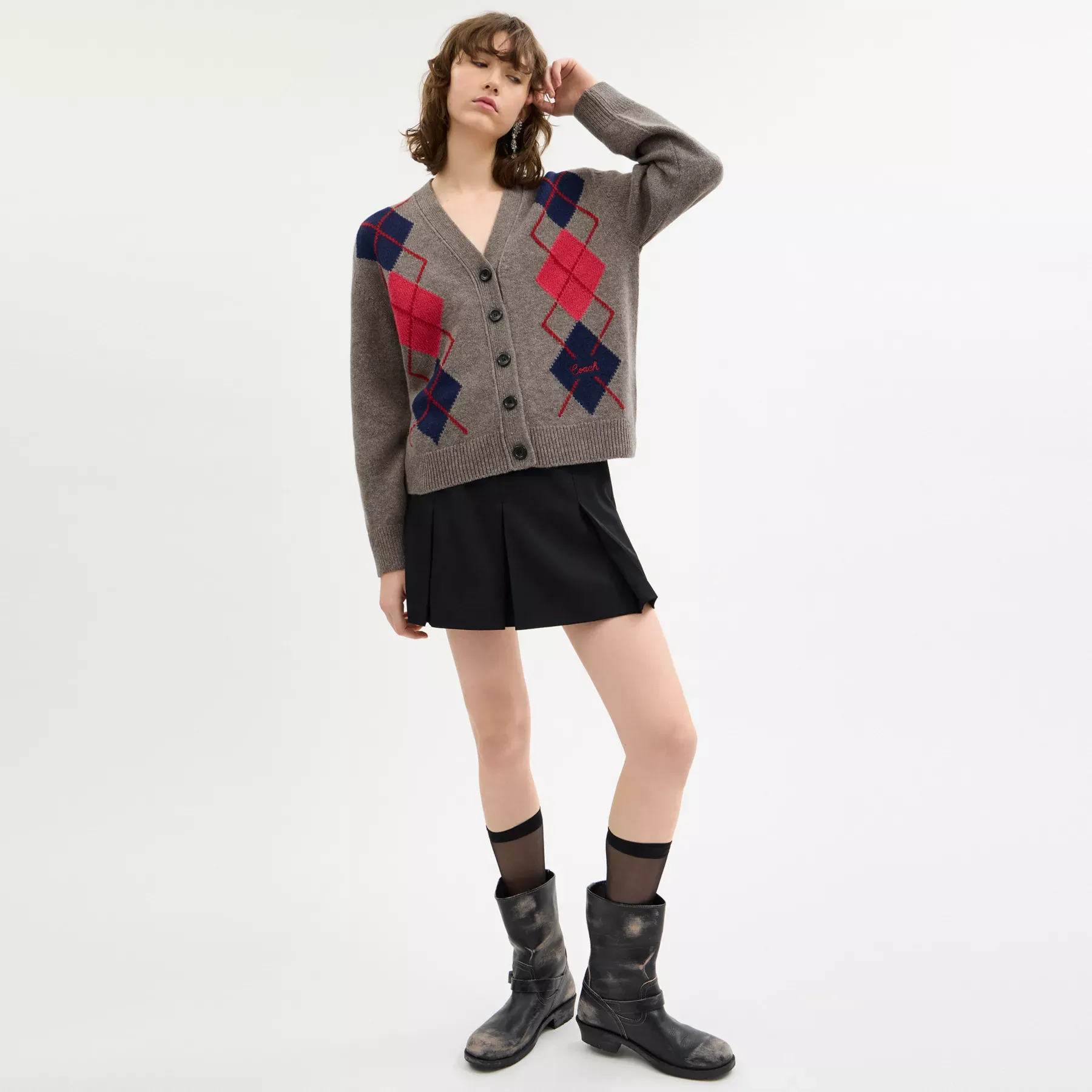 Argyle Cardigan Sweater Grey Multi