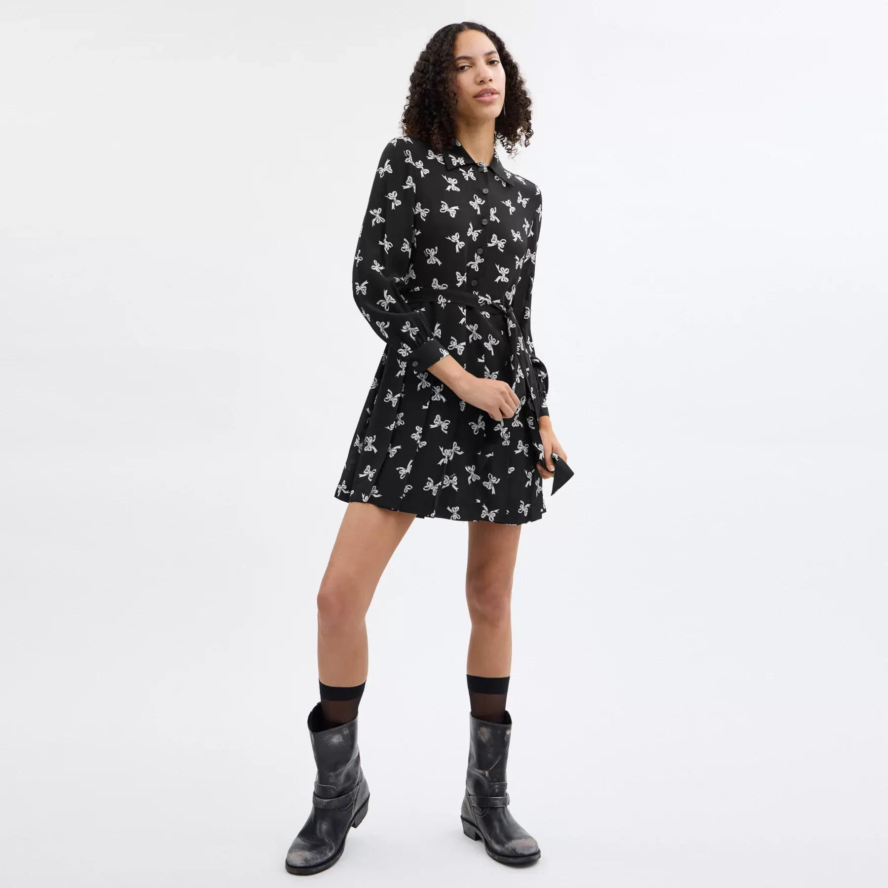 Bow Print Silk Dress Black Multi