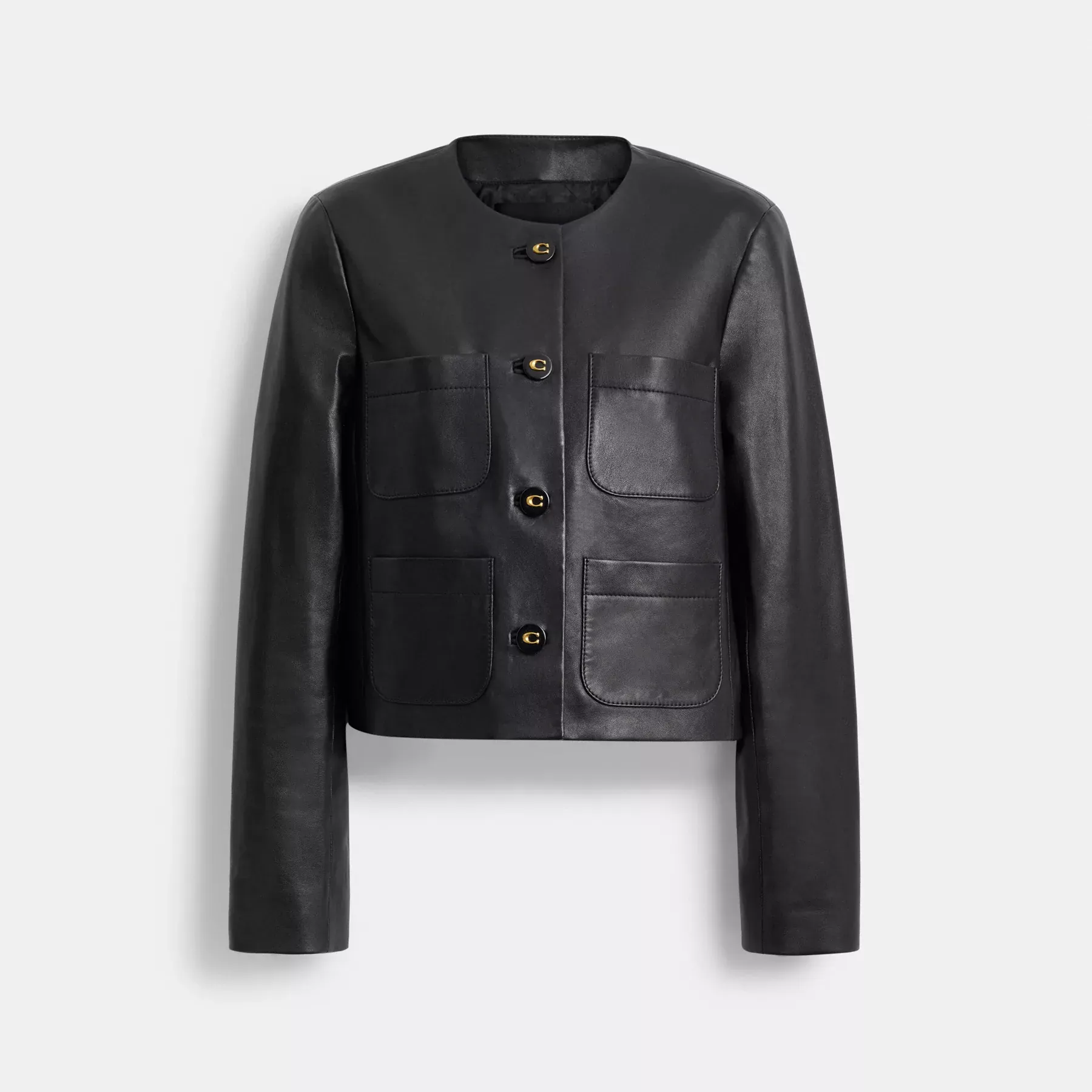 Collarless Leather Jacket Black