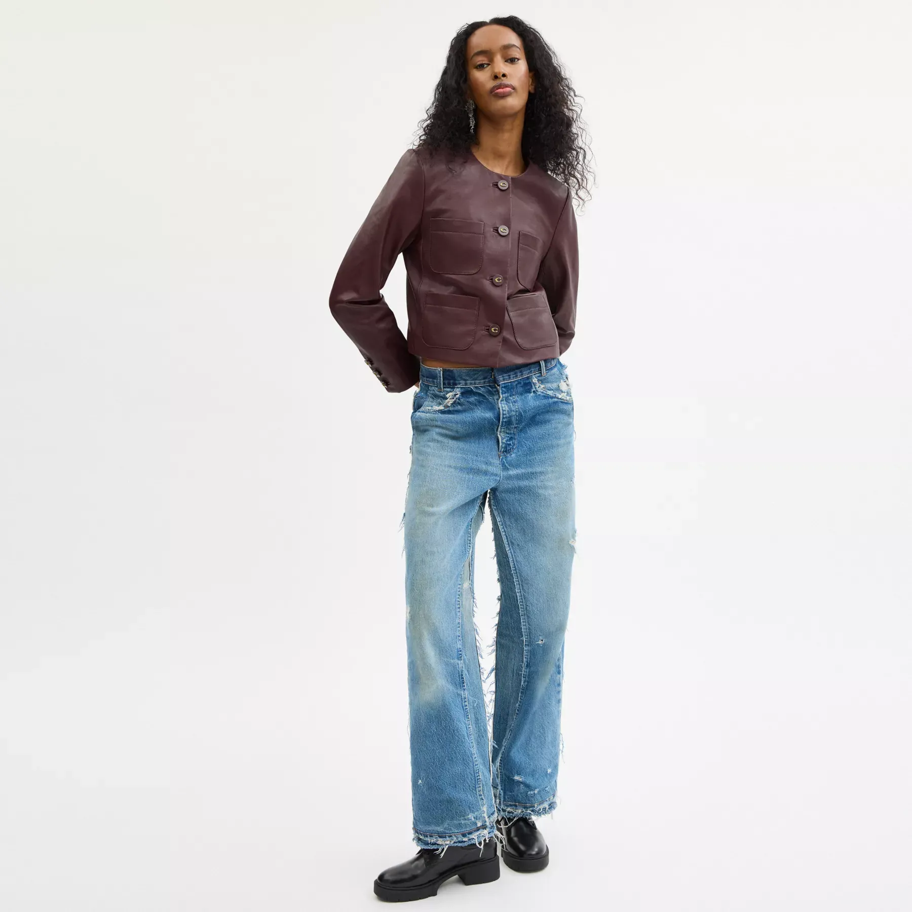 Collarless Leather Jacket Burgundy