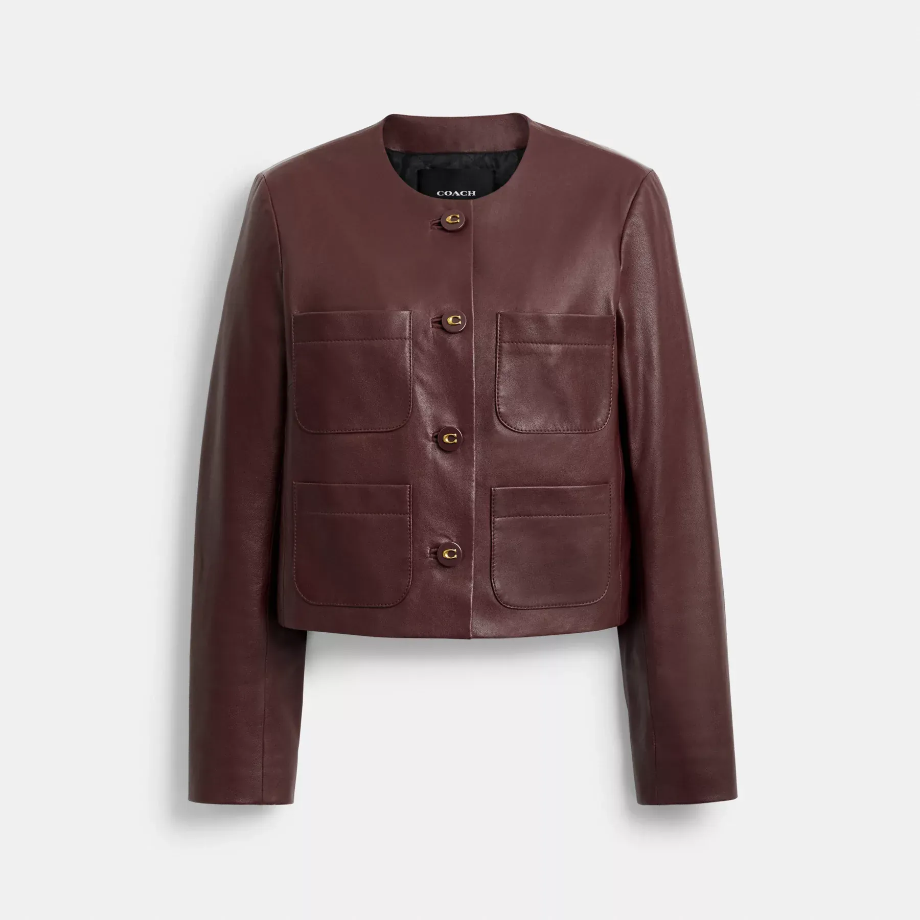 Collarless Leather Jacket Burgundy