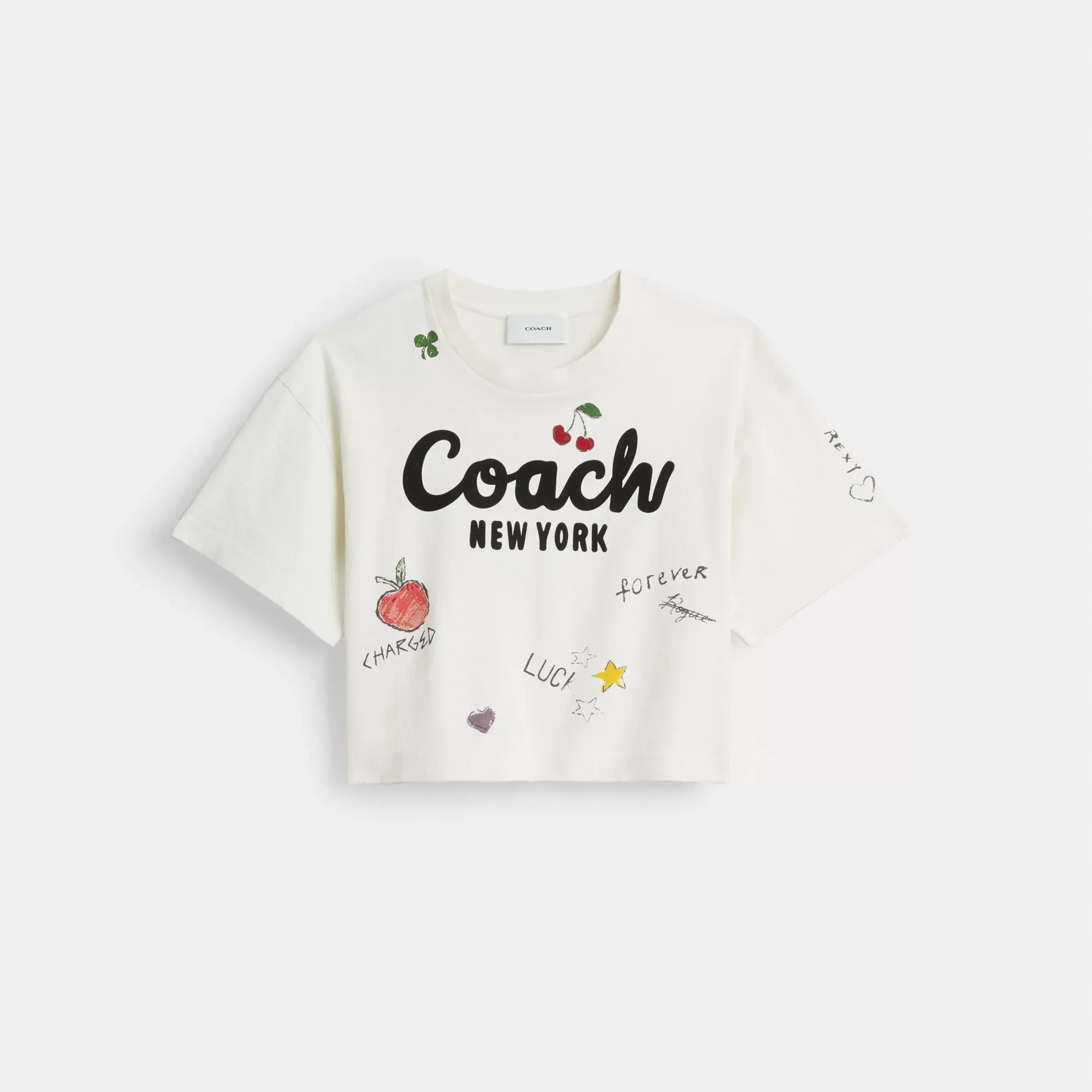 Cursive Coach Cropped Sketch Print T-Shirt White Multi