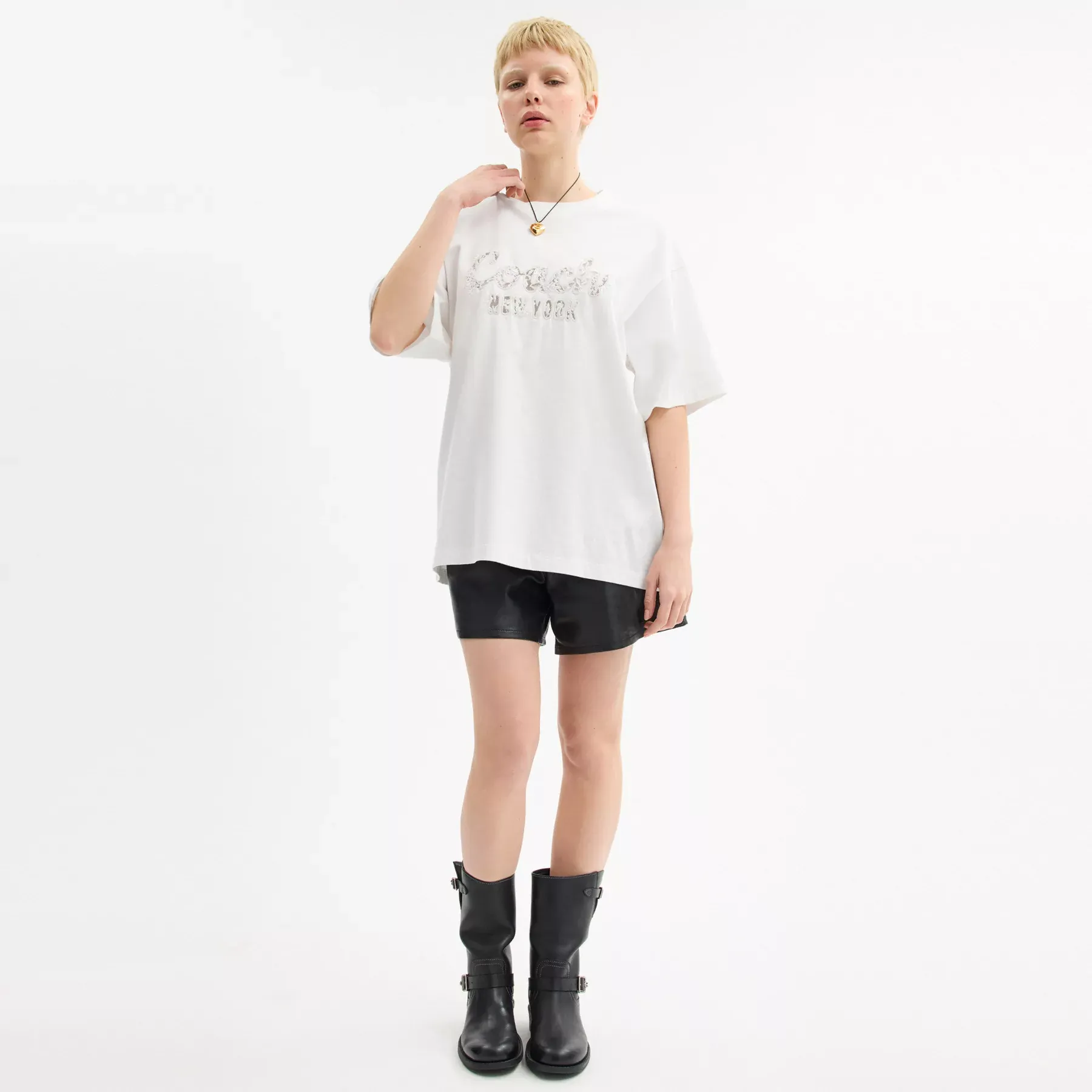 Cursive Coach Embroidered T-Shirt In Organic Cotton White