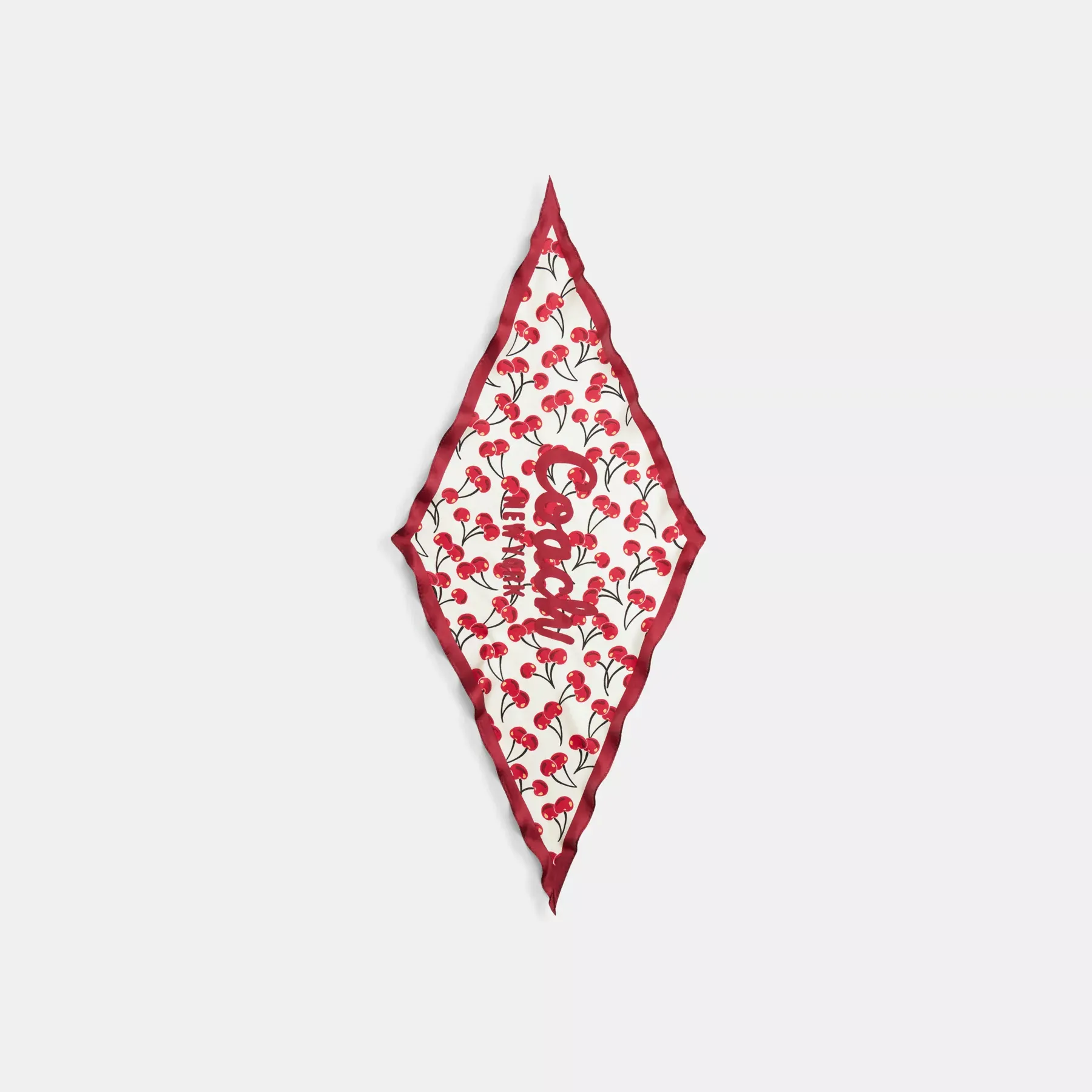 Cursive Coach Script Cherry Swirl Print Silk Diamond Scarf Chalk/Red