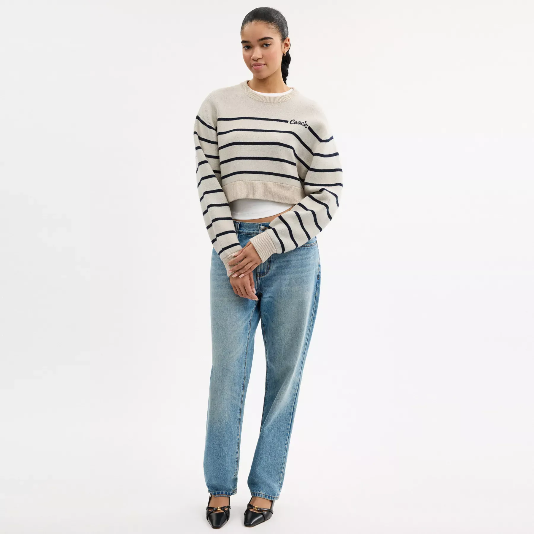 Cursive Signature Striped Cropped Sweater Cream