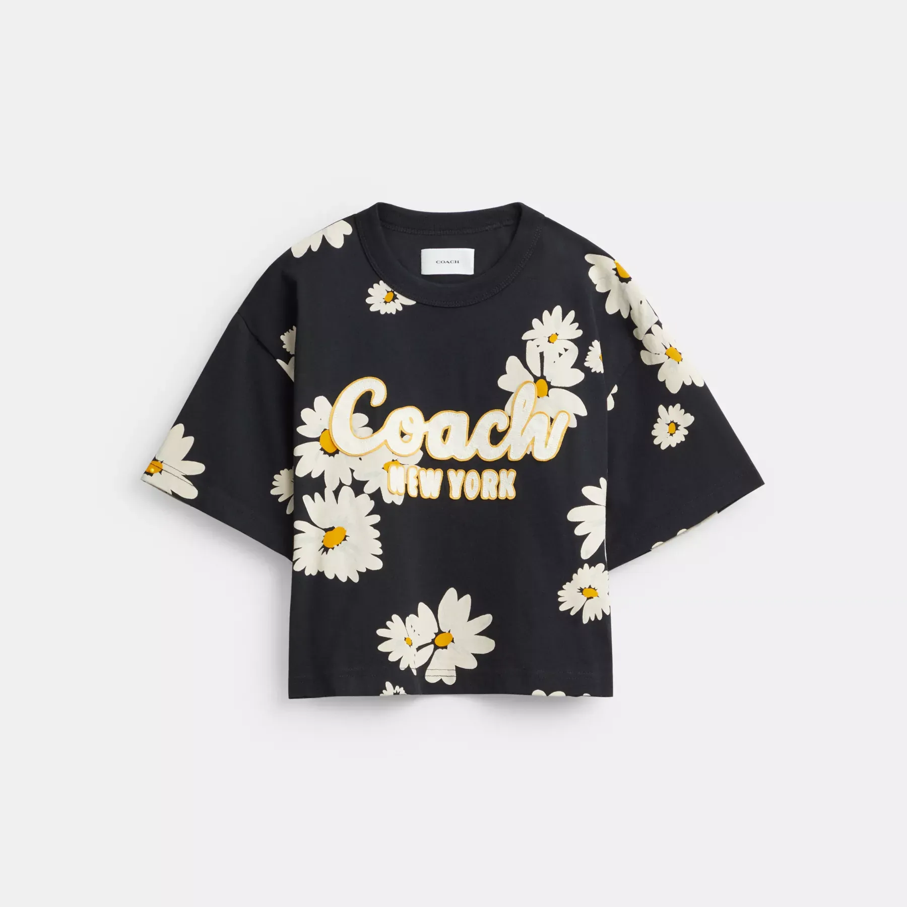 Floral Cropped Signature Script T-Shirt In Organic Cotton Black Multi