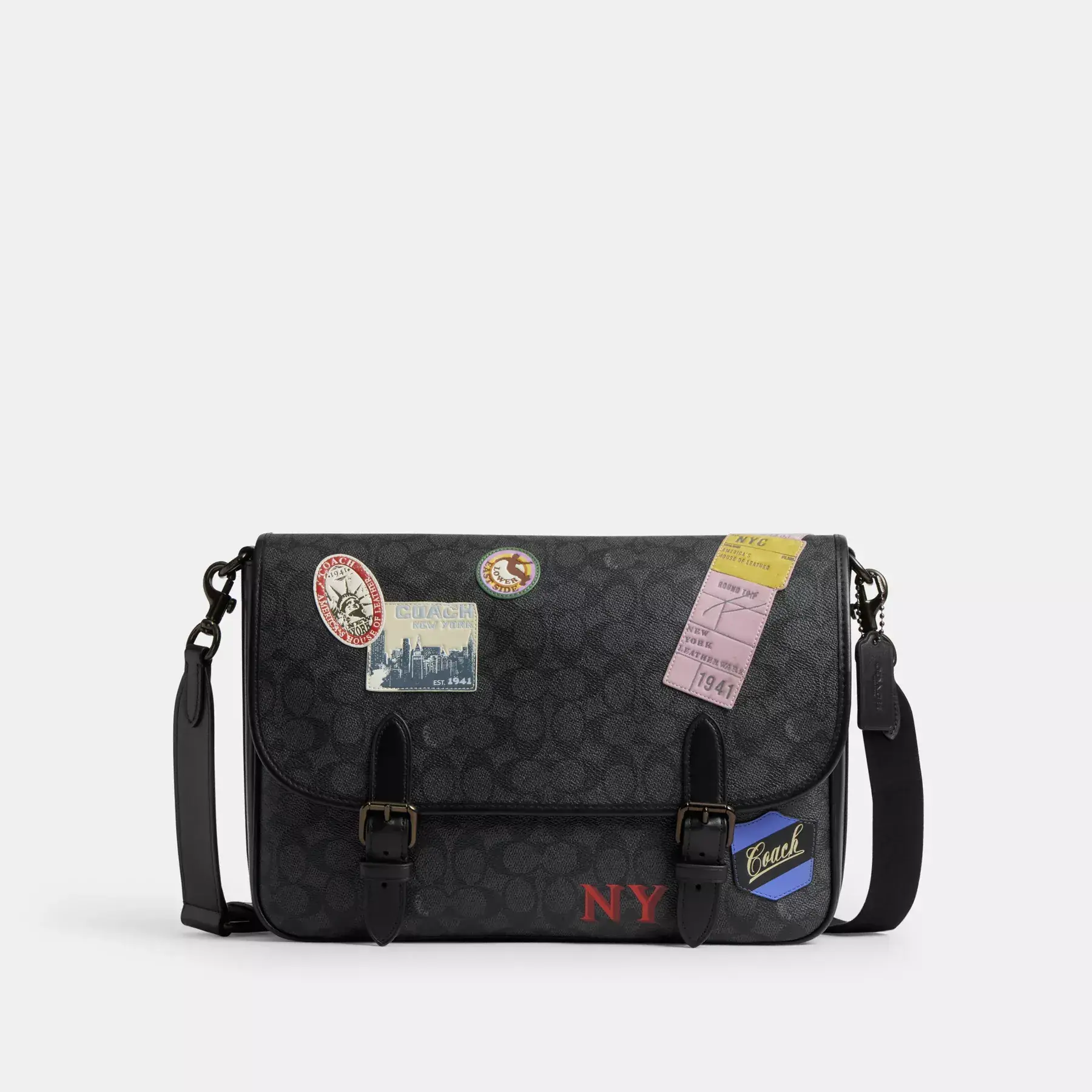 Hitch Messenger Bag In Signature Canvas With Patches Charcoal Multi