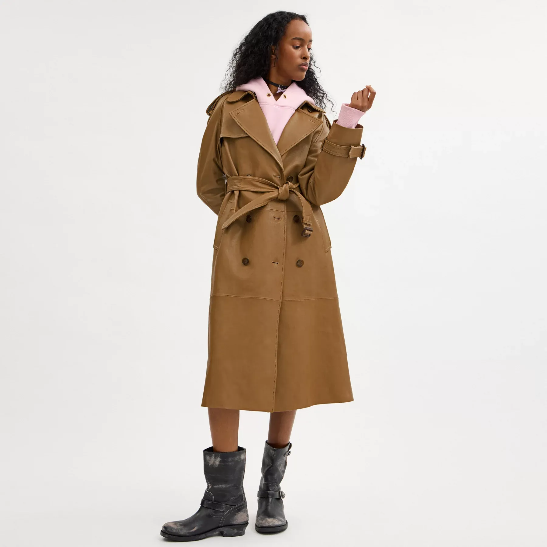Leather Double Breasted Trench Coat Dark Beige