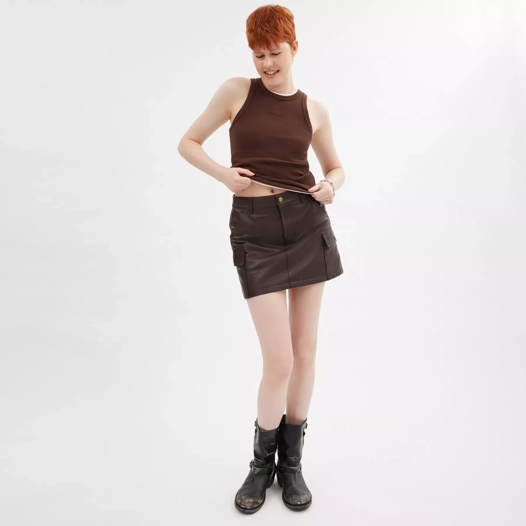 Leather Mini Cargo Skirt Brown