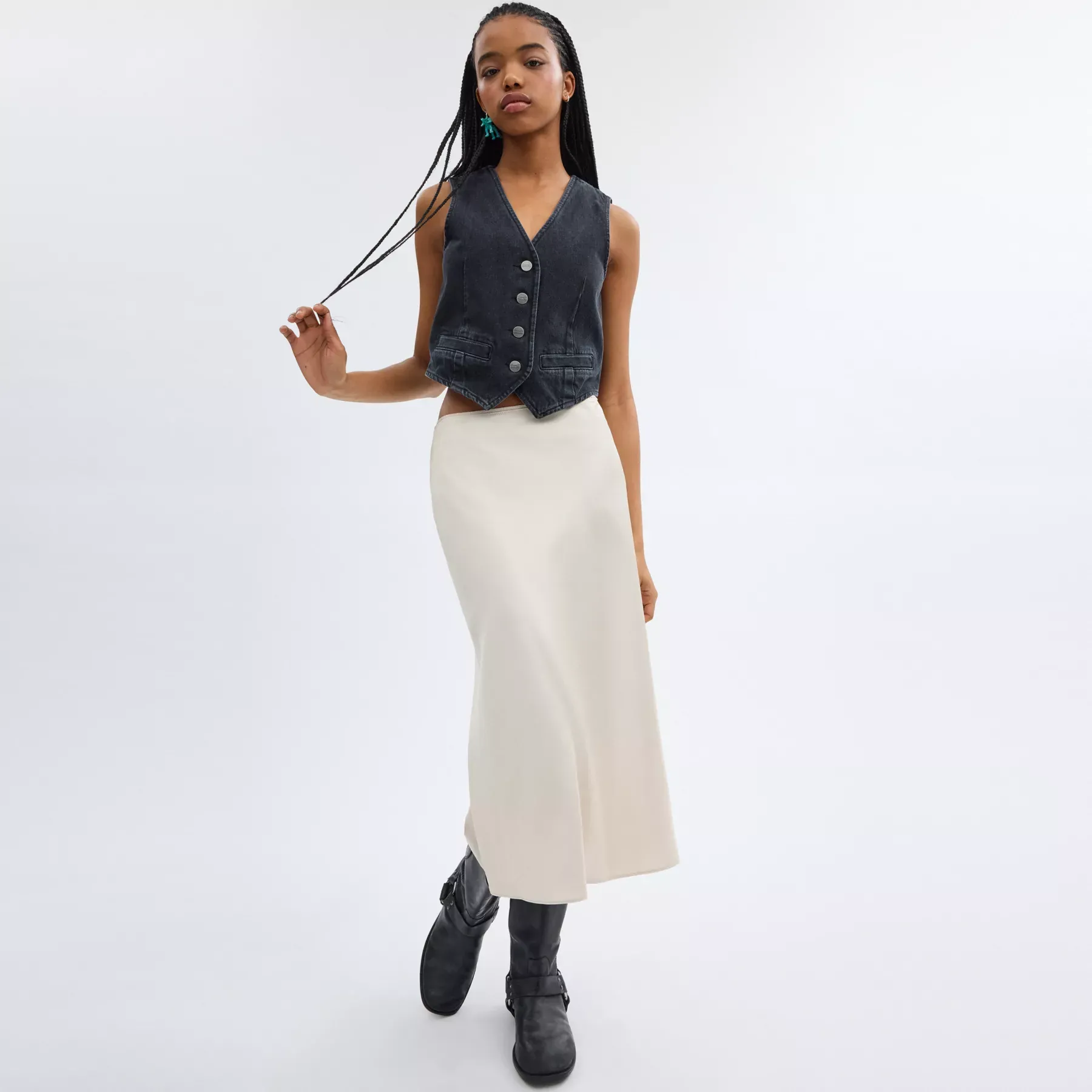 Long Satin Midi Skirt Cream