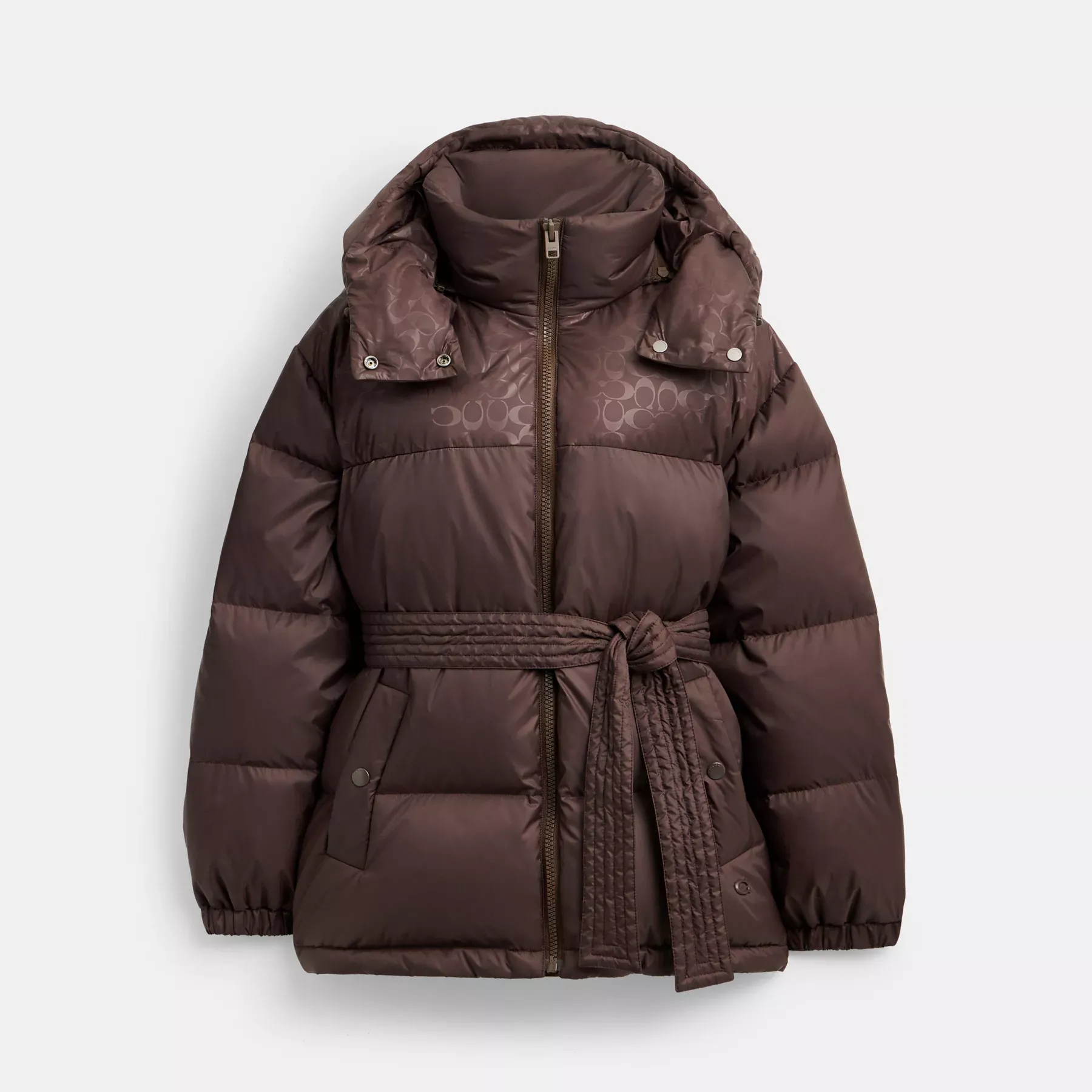 Mid Length Belted Down Jacket In Recycled Polyamide Brown