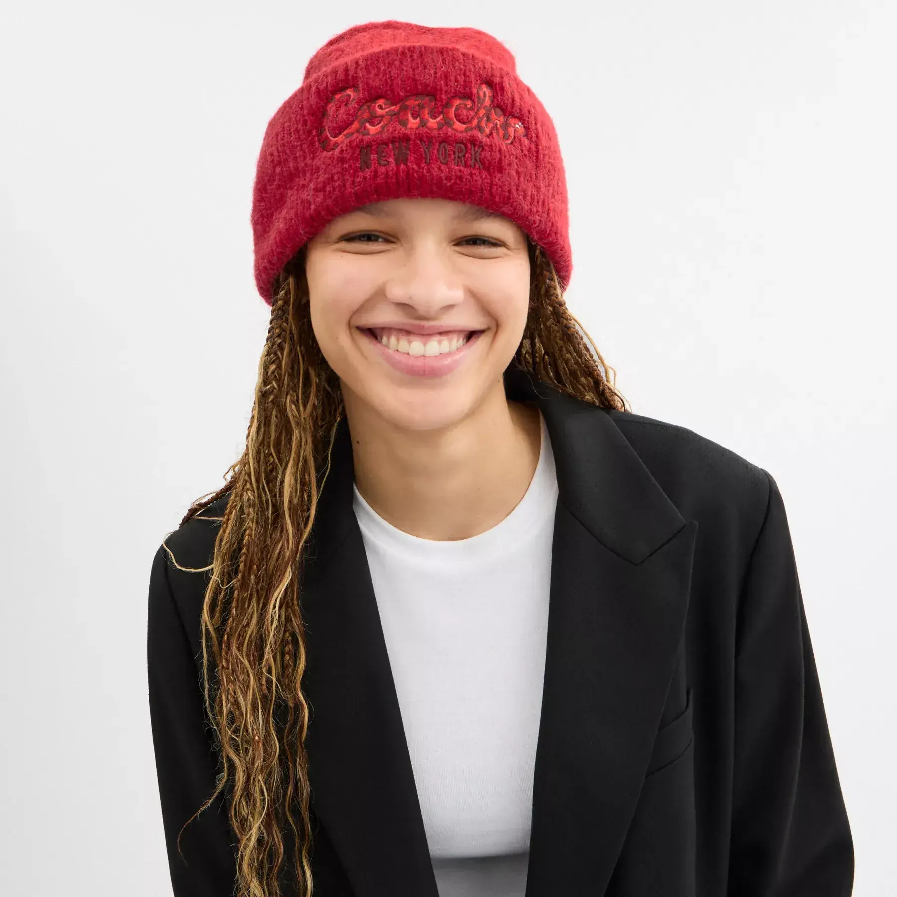 New Year Beanie With Embroidered Coach Snake Script Red