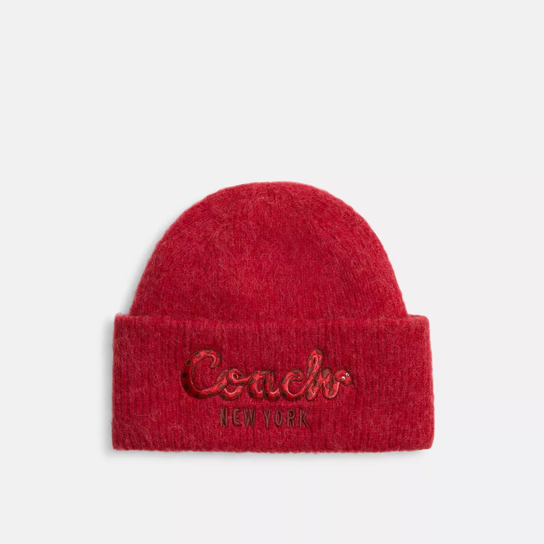 New Year Beanie With Embroidered Coach Snake Script Red