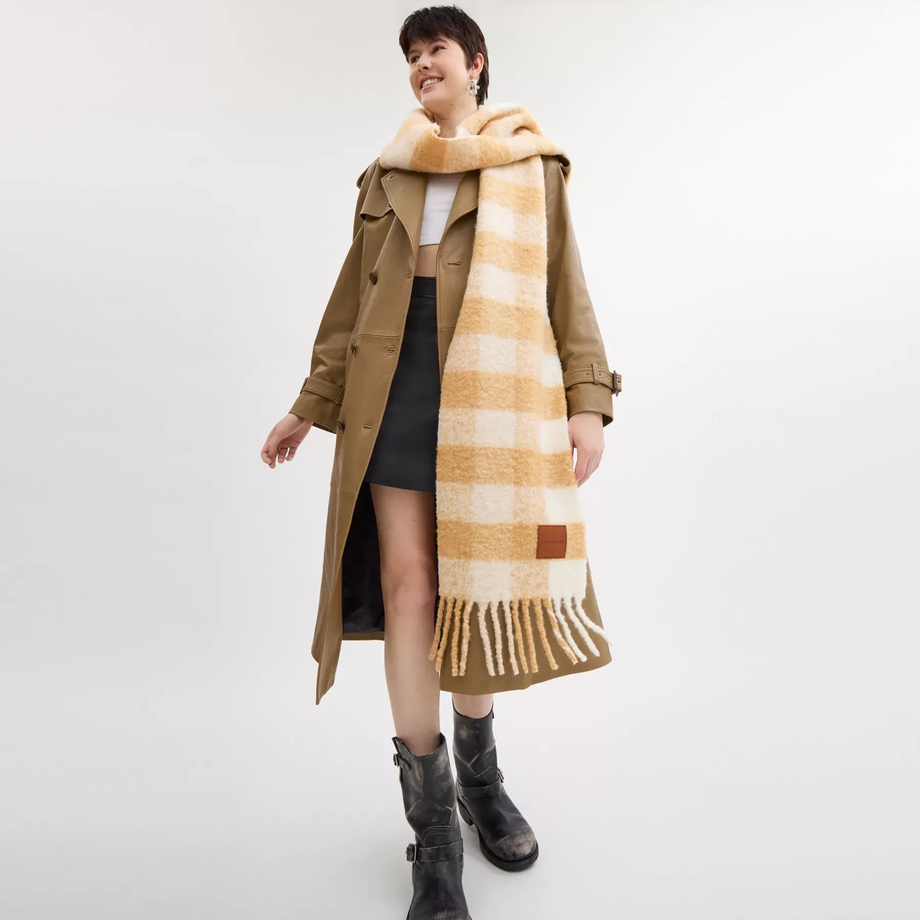 Oversized Plaid Muffler With Leather Patch Chalk
