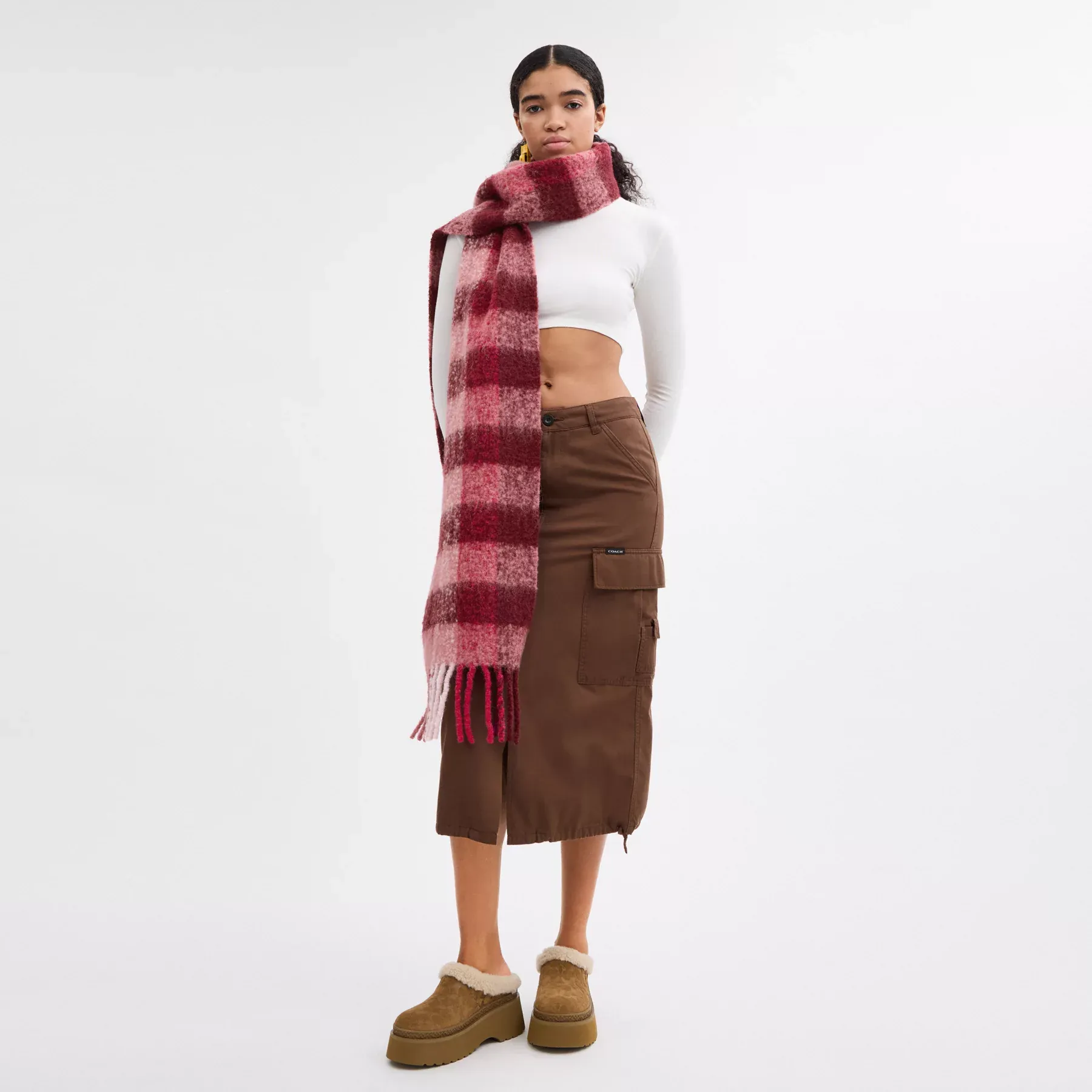 Oversized Plaid Muffler With Leather Patch Merlot
