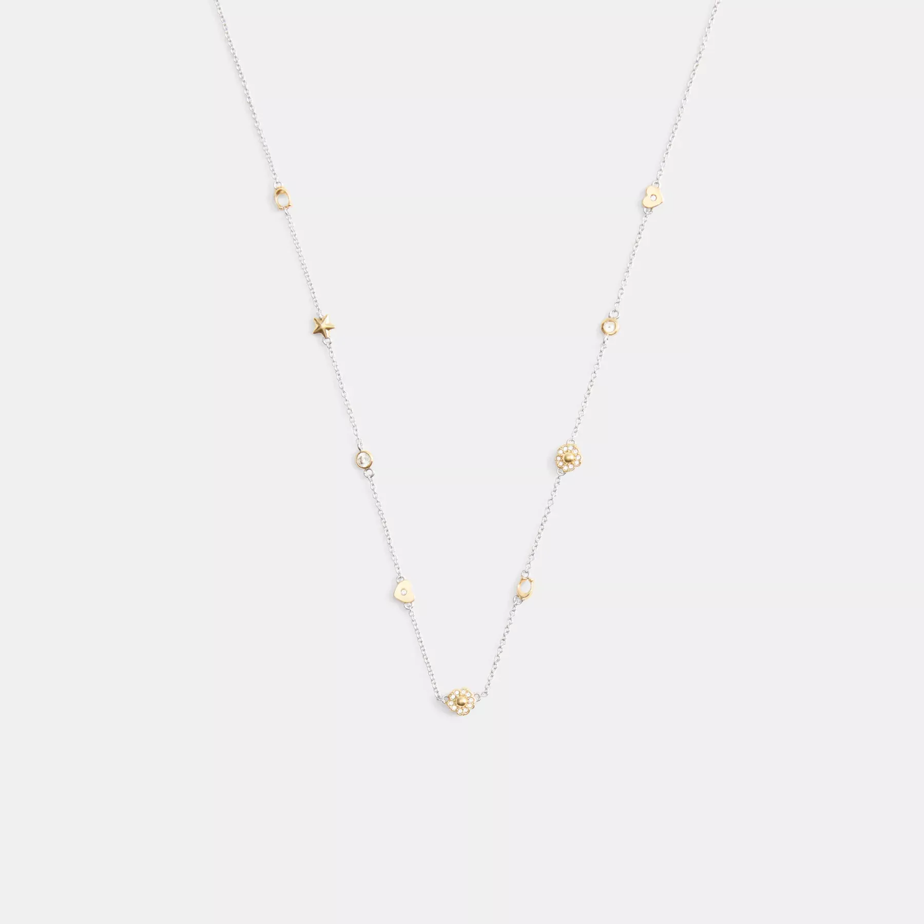 Pavé Tea Rose And Heart Station Necklace Gold/Silver