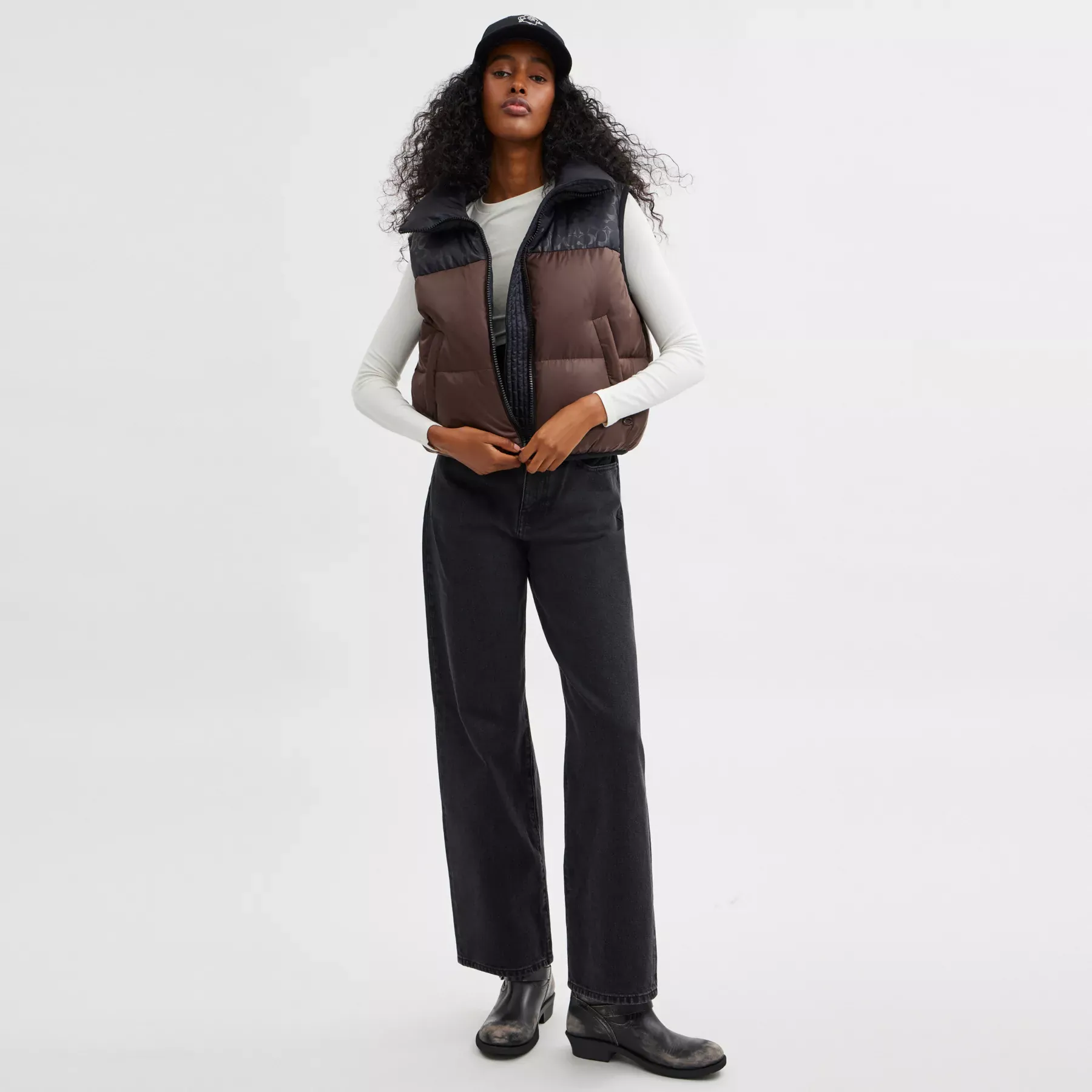 Puffer Vest In Recycled Polyamide Black/Brown
