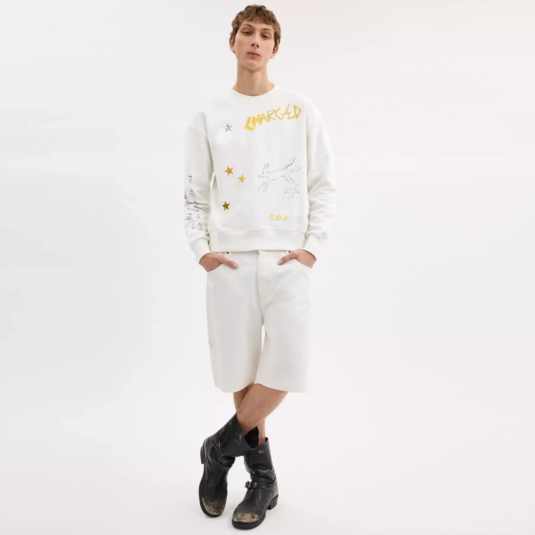 Shrunken Sketch Print Crewneck Sweatshirt White Multi