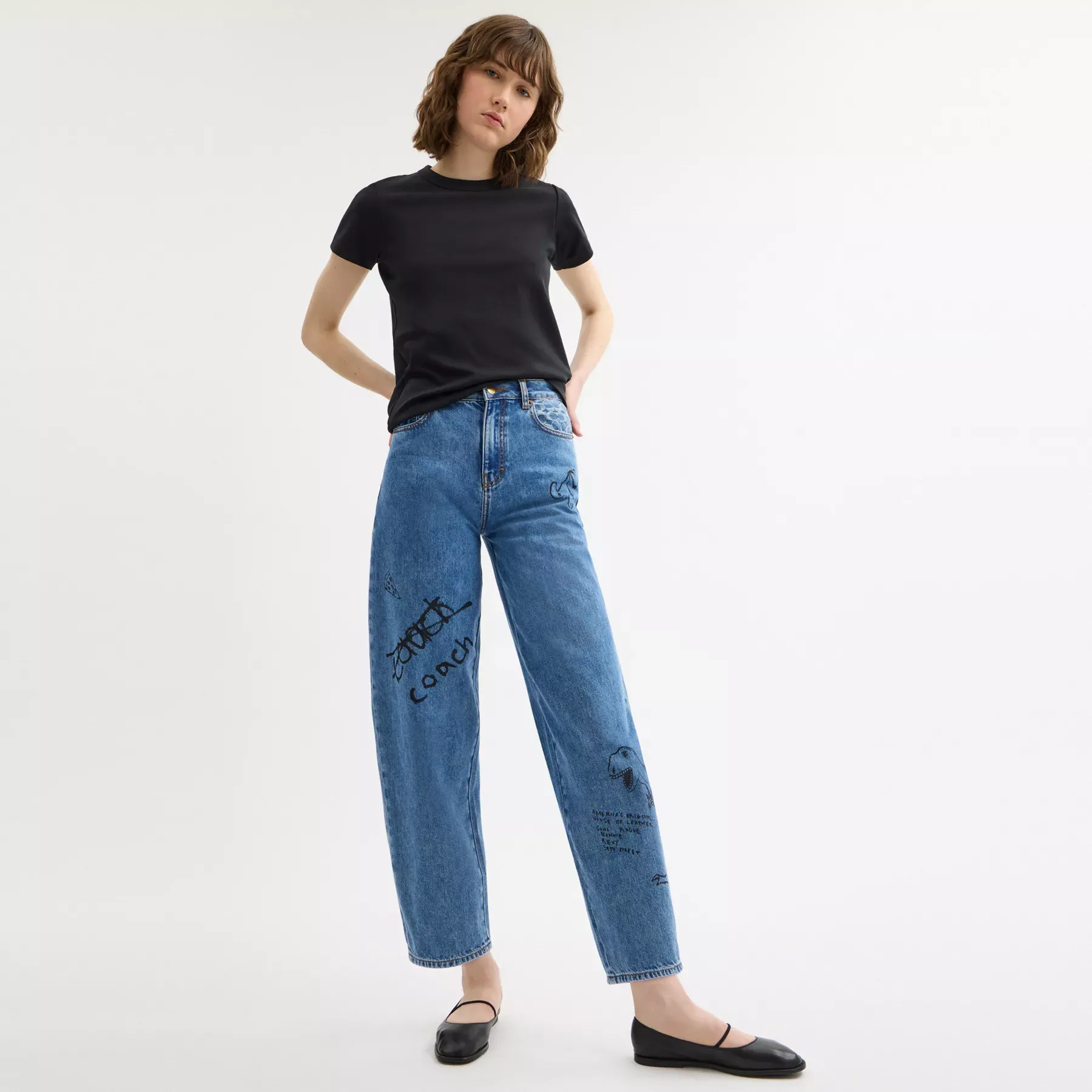 Sketch Print Barrel Jeans Blue