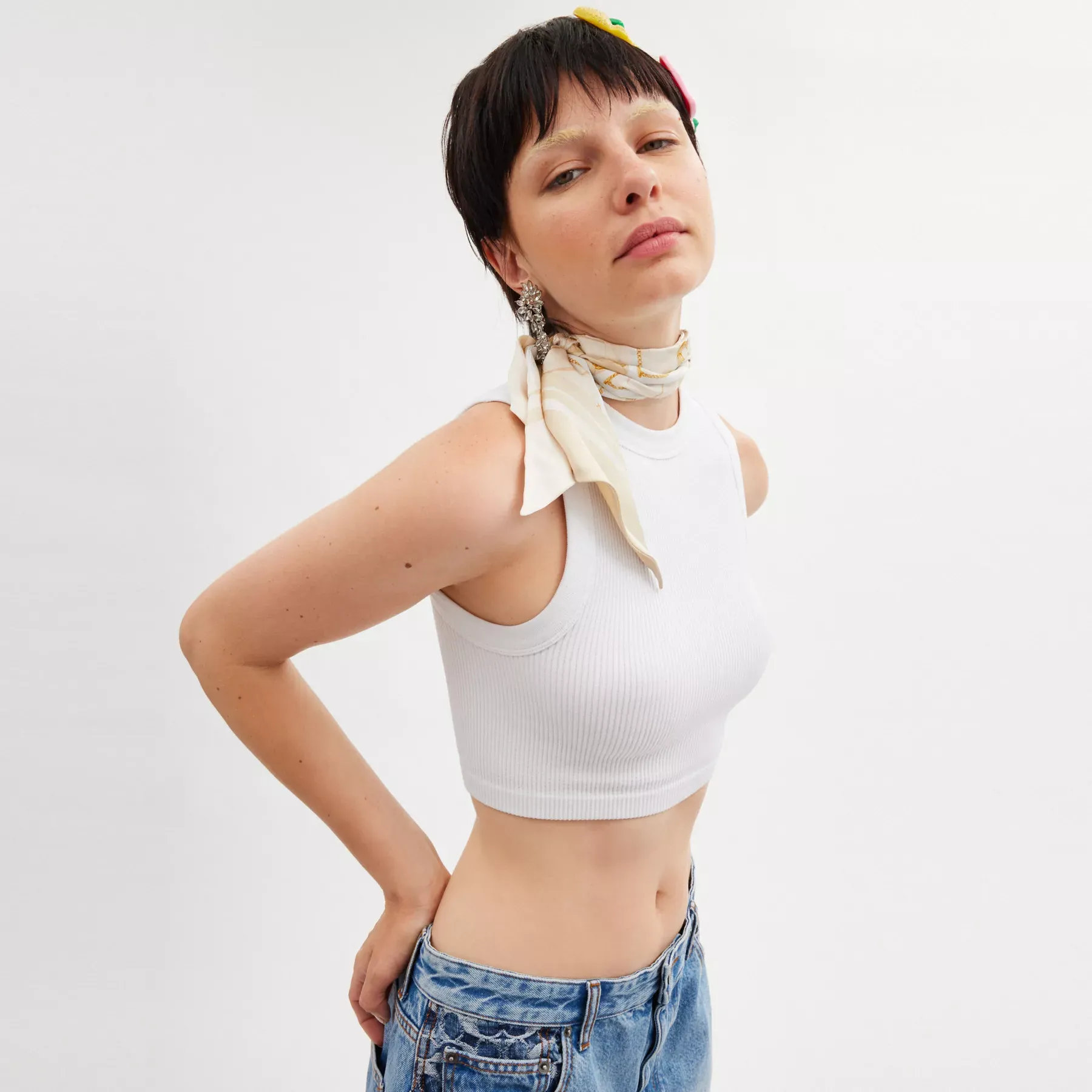 Tabby Bag Print Silk Wide Skinny Scarf Chalk