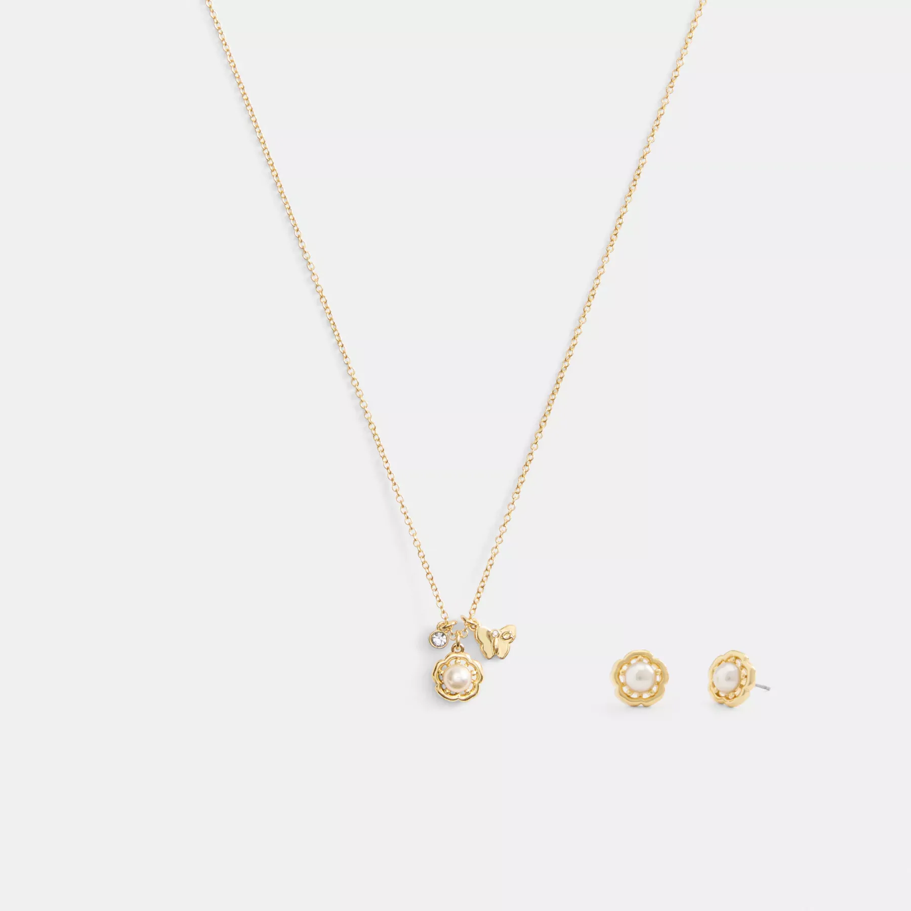 Tea Rose Pearl Necklace And Earrings Set Gold/Pearl